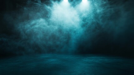 Spotlights illuminate an empty stage with fog in a darkened room
