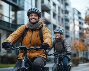 Couple riding bicycles through the city on a cold day