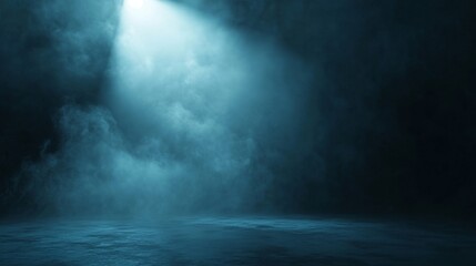 Fototapeta premium Spotlight on an empty stage with fog and smoke in a darkened room illuminated by blue light