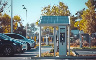 Obraz premium Solar-powered charging station for electric vehicles in a modern parking lot, showcasing sustainable energy solutions.