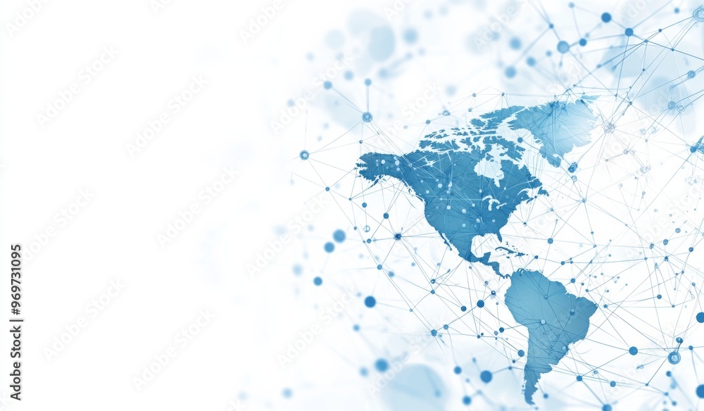 Poster abstract global network design with light blue background, world map, and white space for text or lo