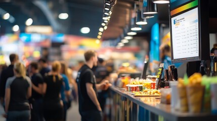 A bustling concession stand offers a variety of snacks and drinks to a crowd of eager patrons, creating an energetic atmosphere during an event