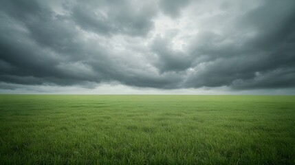 Obraz premium A serene landscape featuring dark gray rain clouds gathering over a lush green field, with ample copy space for text or branding