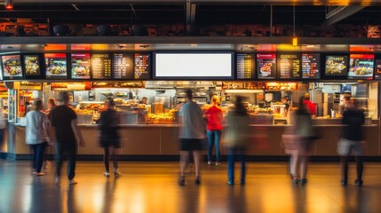 A vibrant food concession stand is filled with customers waiting in line to order meals in a busy market. The atmosphere is lively with bright menu displays