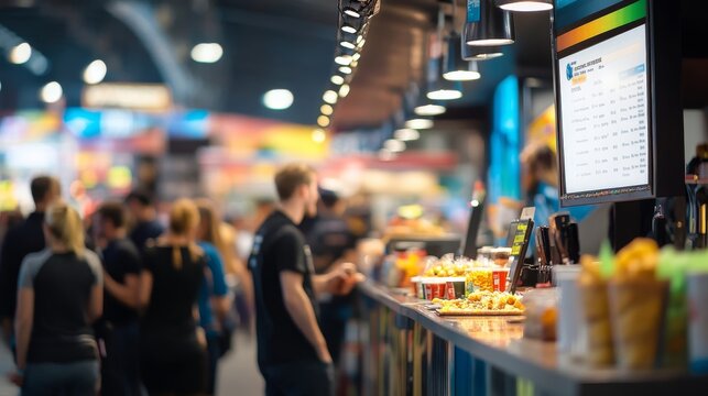 A bustling concession stand offers a variety of snacks and drinks to a crowd of eager patrons, creating an energetic atmosphere during an event