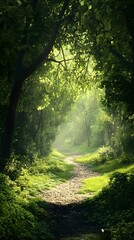Obraz premium A serene landscape of a dense forest with a narrow path leading into the unknown, inviting viewers to imagine what lies ahead