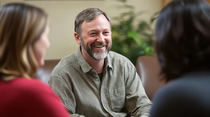 Three adults engage in a lively discussion, sharing smiles in a cozy indoor environment filled with plants, creating a warm and inviting atmosphere