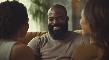 Obraz premium A joyful gathering among three friends features a man in a relaxed setting, smiling and engaging with two women, creating an atmosphere of camaraderie and connection