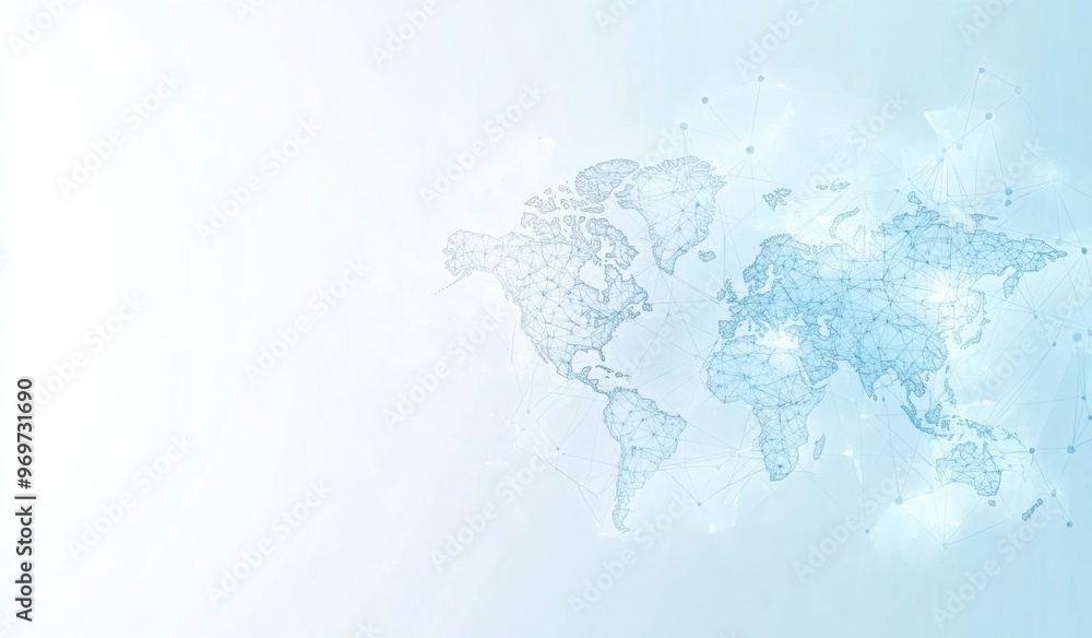 Poster abstract global network design with light blue background, world map, and white space for text or lo