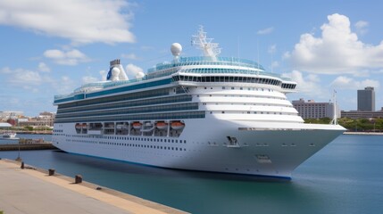 Close up of a cruise ship moored at pier with views of vibrant modern city architecture