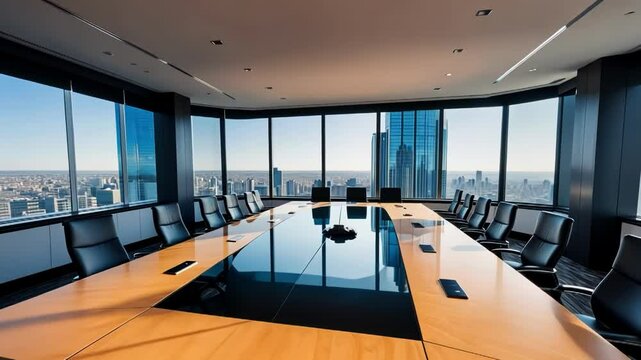 An empty corporate boardroom with a modern design, featuring a city skyline view, suitable for strategic meetings or presentations