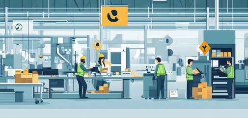 Team of factory workers in green uniforms operating machinery and packing boxes in a modern warehouse industrial environment.