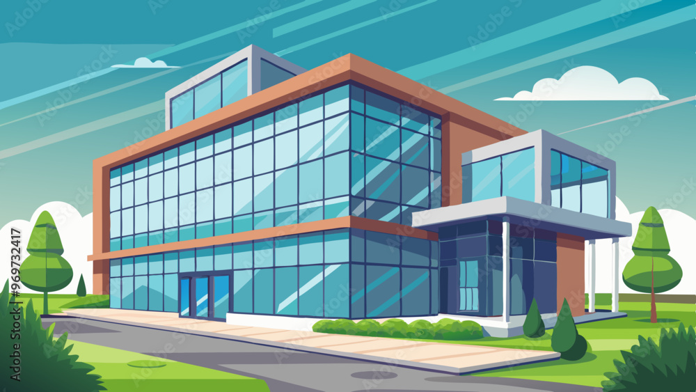 Poster a large glass building with a green tree in front of it