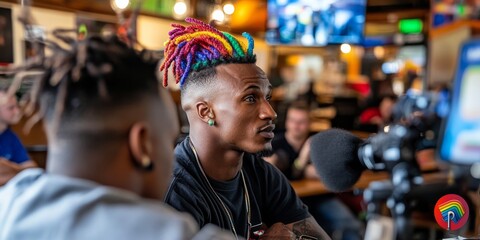 Obraz premium Rainbow Flair: A young man with vibrant, rainbow dreadlocks commands attention amidst the lively atmosphere of a sports bar. 