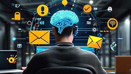 Hombre de espaldas a un computador u ordenador, con iconos y elementos gráficos que representan la red y correos electrónicos