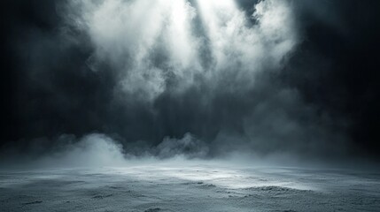 Mysterious dark atmosphere with volumetric light rays shining through clouds and smoke
