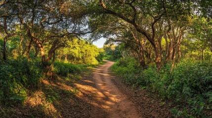 Obraz premium A dirt path meanders through vibrant green foliage in a serene forest, illuminated by the soft, warm light of the setting sun, inviting exploration and tranquility