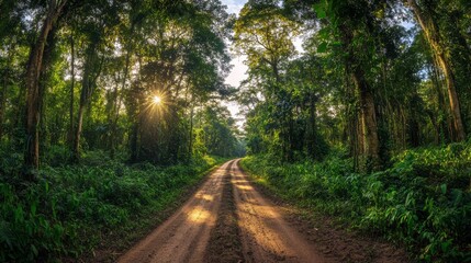 Obraz premium A tranquil dirt road winds through a vibrant forest, with sunlight streaming through the trees, creating a peaceful atmosphere during early evening