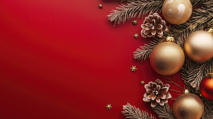 christmas flat lay of fir branch, pine cone and christmas bobbles on red, background space 