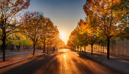 Obraz premium Sunset Boulevard- A City Street at Sunset, with Long Shadows and Warm Autumn Light