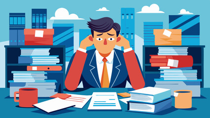 A man is sitting at a desk with a pile of papers and books in front of him