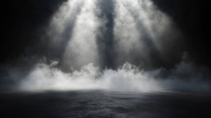 Fototapeta premium Moody black background with bright volumetric light rays and swirling white smoke at night