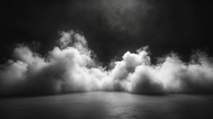 Fototapeta premium Ethereal white smoke fills a dark space with volumetric light rays and cloudy formations