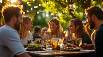 A group of friends gathers around a table outdoors, sharing laughter and delicious food as the sun sets, illuminated by twinkling lights and surrounded by greenery
