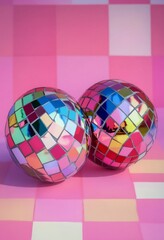 Obraz premium Disco Balls Reflecting Vibrant Colors Against a Playful Pink Background
