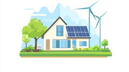 Fototapeta premium Eco-friendly house with solar panels and wind turbines, surrounded by trees and greenery, promoting sustainable living and renewable energy.
