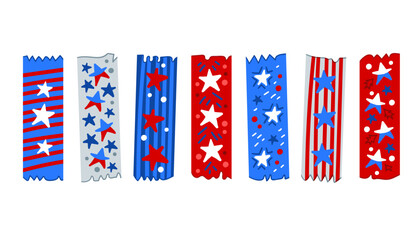 Fototapeta premium Collection of bright washi tape strips. Colorful school scrapbook stripes, sticky label tags and decorative scotch strip. Border elements, paper. USA. Independence Day. Red blue stars and ribbons.