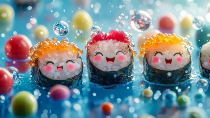 Fototapeta premium Cute sushi rolls with smiling faces, colorful toppings and playful bubbles. A fun and whimsical food concept.