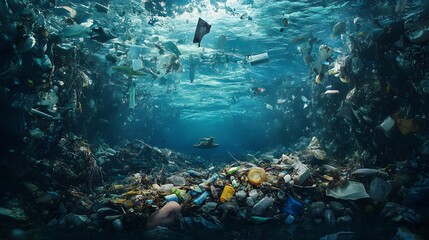 Fototapeta premium Underwater view of ocean pollution with plastic waste, showcasing the environmental impact and marine debris problem.