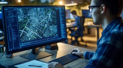 A focused individual analyzes mapping data on a computer monitor in a contemporary office setting. The environment is filled with multiple screens and colleagues