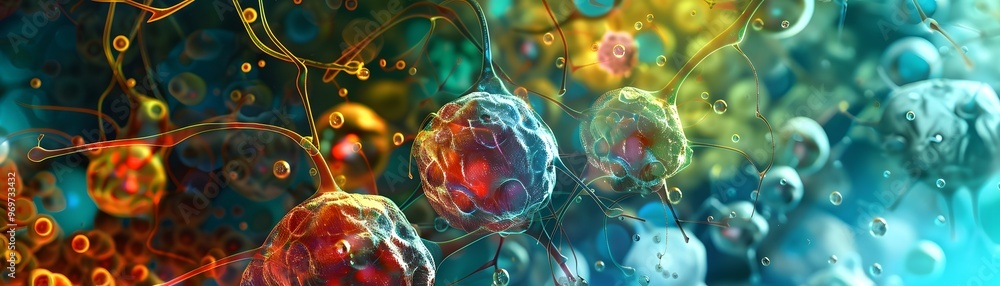 Poster vibrant abstract representation of cells, illustrating complex structures and colorful patterns in m