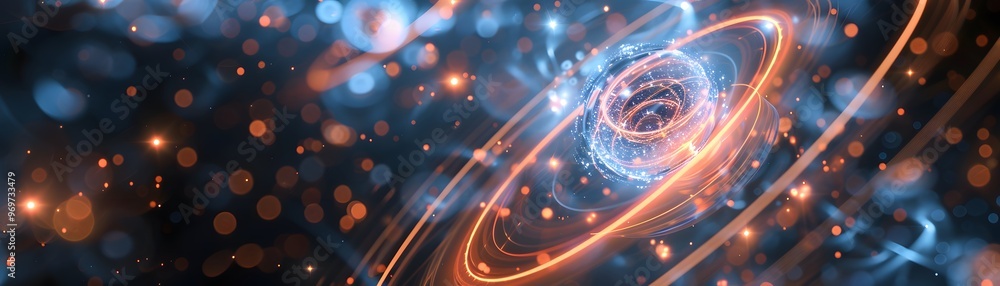 Poster vibrant cosmic swirl featuring glowing particles and light trails, creating a mesmerizing space-like