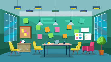 A room with a green wall and yellow chairs