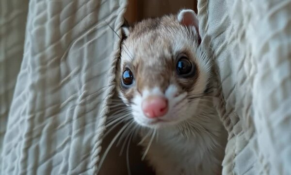 Playful ferret peeking out from behind a curtain, Video