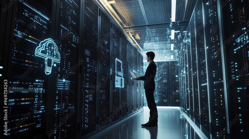 Poster a business professional stands in a futuristic server room, interacting with a digital interface dis