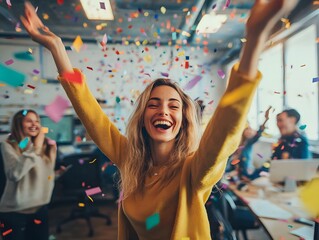 Obraz premium Woman celebrating in an office, surrounded by falling confetti, showing joy and excitement in a vibrant workplace environment.