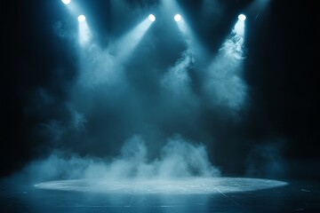Empty stage illuminated by fog and spotlights for a product presentation in a theater