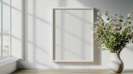 Fototapeta premium scandinavian-inspired banner with a white canvas frame on the wall and a vase of flowers, showcasing a clean and stylish design