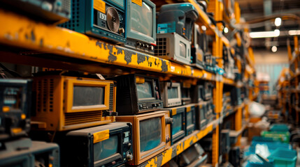 Old electronics are stacked on shelves in high tech recycling facility, showcasing variety of outdated devices ready for processing. vibrant colors and organized chaos evoke sense of innovation and su