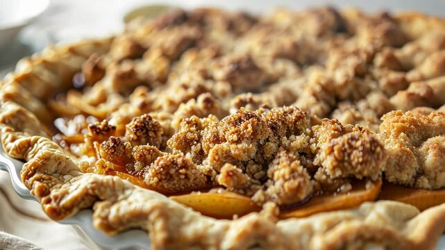A close up of a beautifully baked apple pie, showcasing its golden crust and crumbly topping, evoking warmth and comfort