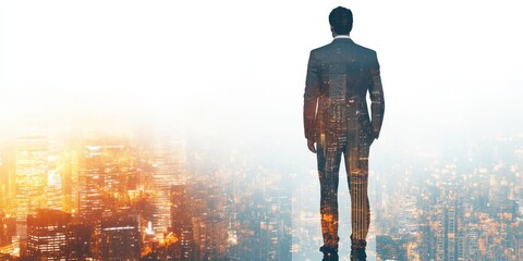 Businessman standing before a double exposure city skyline representing modern aspirations