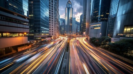 Fototapeta premium Traffic flows smoothly along a busy urban highway at twilight, with city skyscrapers glowing against the dimming sky and bright streaks of car lights creating movement
