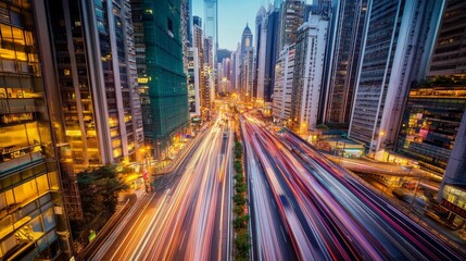 Naklejka premium A bustling city scene in Hong Kong showcases vibrant light trails from moving vehicles along busy streets, with towering skyscrapers illuminating the night sky