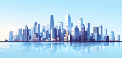 Obraz premium Abstract Vector Illustration of Modern Cityscape with Skyscrapers and Buildings Along a River, Set Against a Light Blue Background.