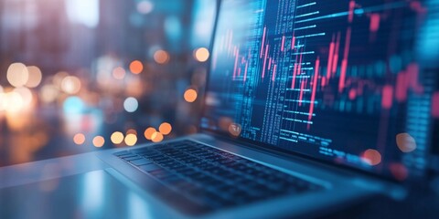 High-tech stock market graph displayed on a laptop with a blurred blue city background