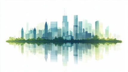 Naklejka premium Modern cityscape silhouette with skyscrapers reflecting in the water, surrounded by greenery and nature. Ideal for urban design concepts.